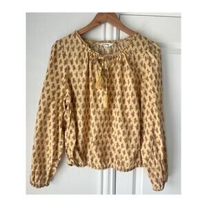 Lucky Brand Womens Large Yellow Floral Cropped Blouse 100% Cotton Boho